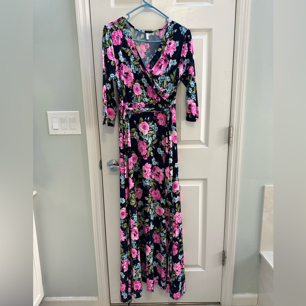 Pinkblush || Maternity Pink Navy and Blue Floral Maxi Dress with Tie